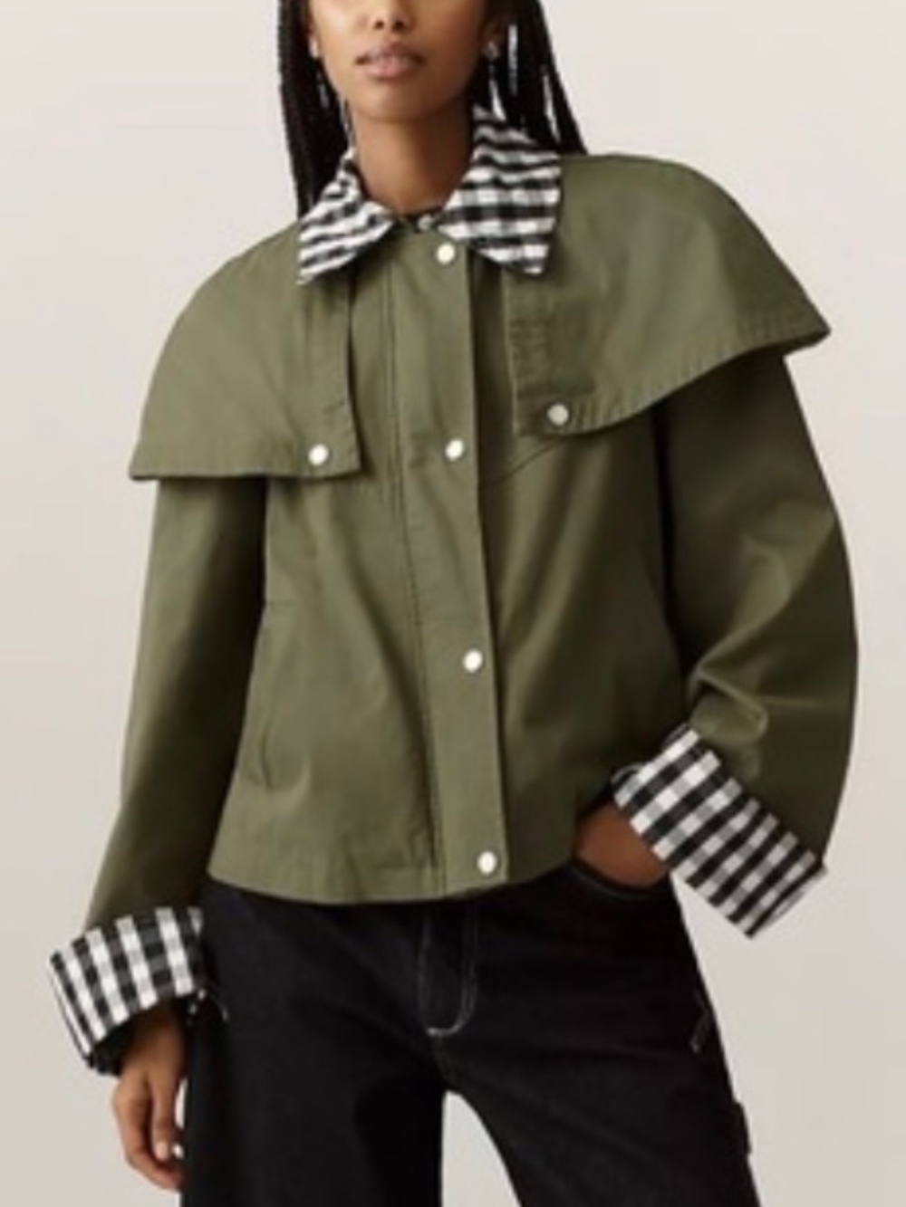 *Viral* Avec Les Filles Olive Green Short Trench Jacket with Gingham Trim Size L